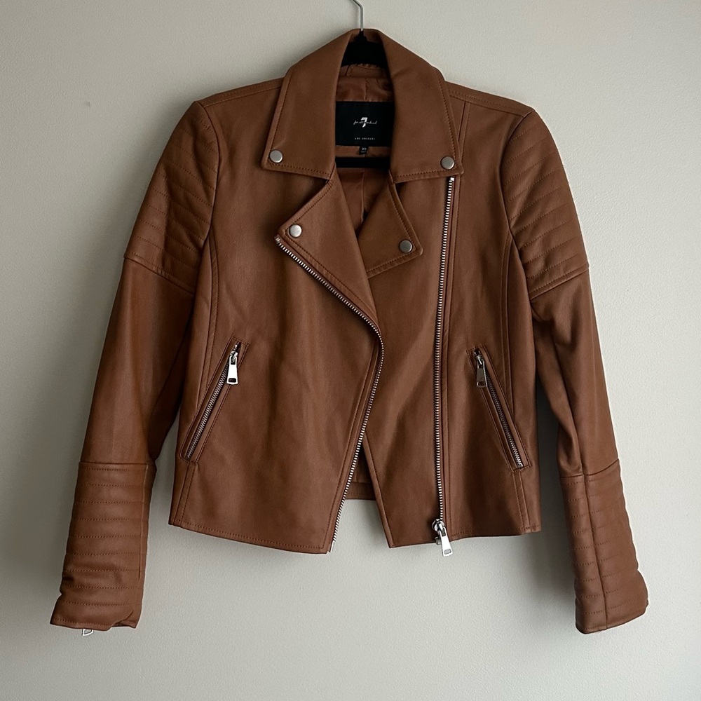7 For All Mankind Brown Leather Moto Jacket